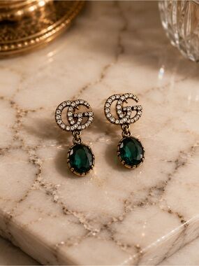 Vintage Gold Tone Green Crystal Drop Earrings | Elegant Rhinestone Statements